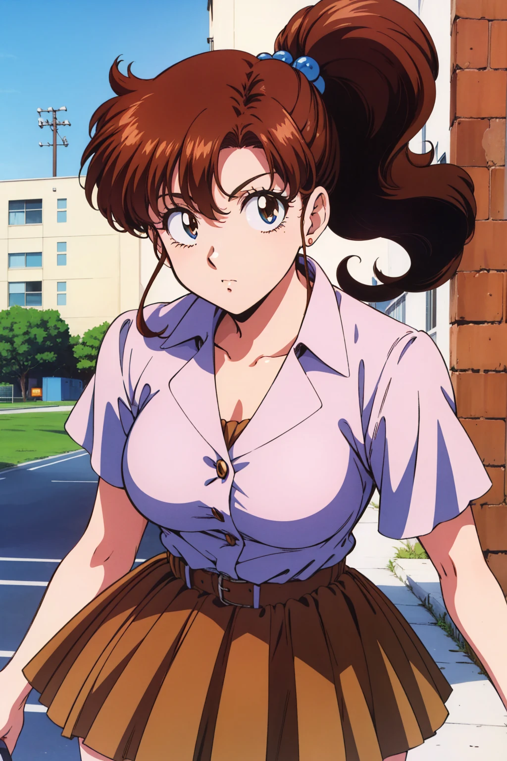 Highest quality, High resolution, 1990s \(style\), retro artstyle, 1990s anime cels style, brown , brown pleated skirt,  ponytail,In the schoolyard、