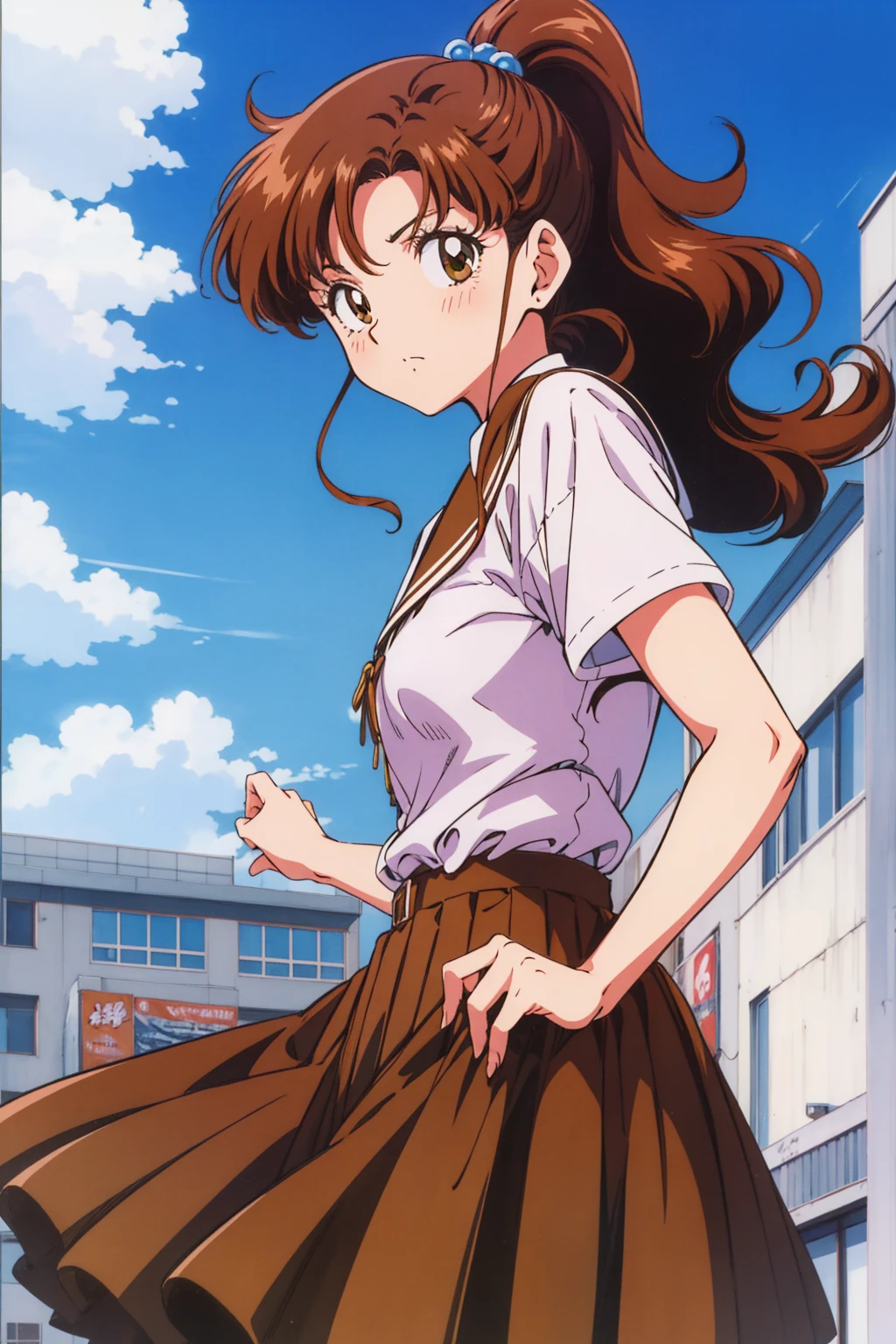 Highest quality, High resolution, 1990s \(style\), retro artstyle, 1990s anime cels style, brown , brown pleated skirt, ponytail,In the schoolyard、