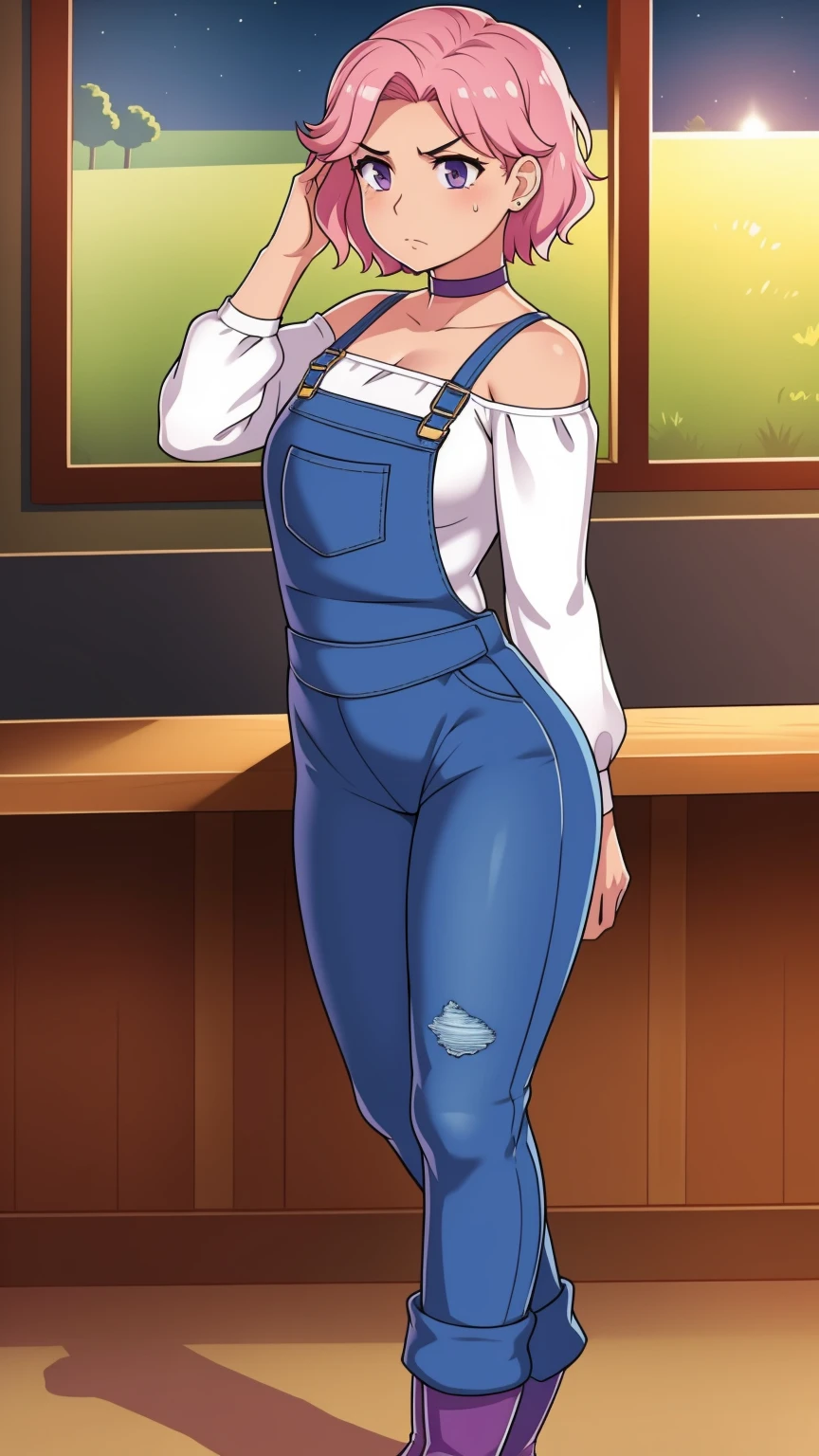 Worried, pouty face, Nervous, sad, farm backround, Full body, looking at viewer, 1girl, solo, short pink hair, (dark blue choker), (dark blue denim overalls), (purple eyes), (pink boots), (white shoulder lantern sleeve blouse, tucked in pants