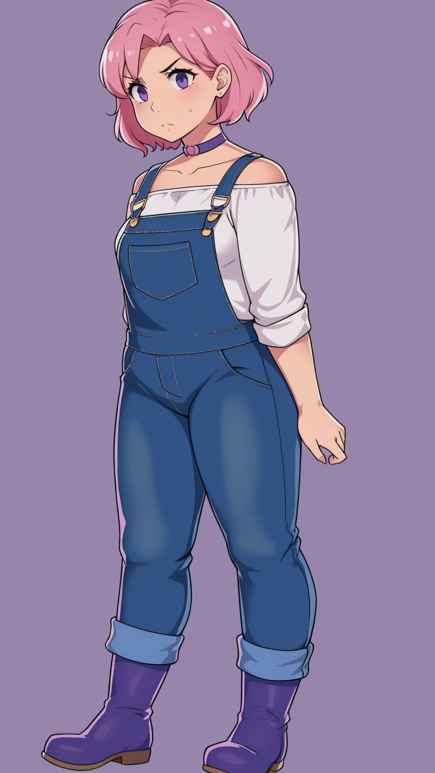 Worried, pouty face, Nervous, sad, farm backround, Full body, looking at viewer, 1girl, solo, short pink hair, (dark blue choker), (dark blue denim overalls), (purple eyes), (pink boots), (white shoulder lantern sleeve blouse, tucked in pants