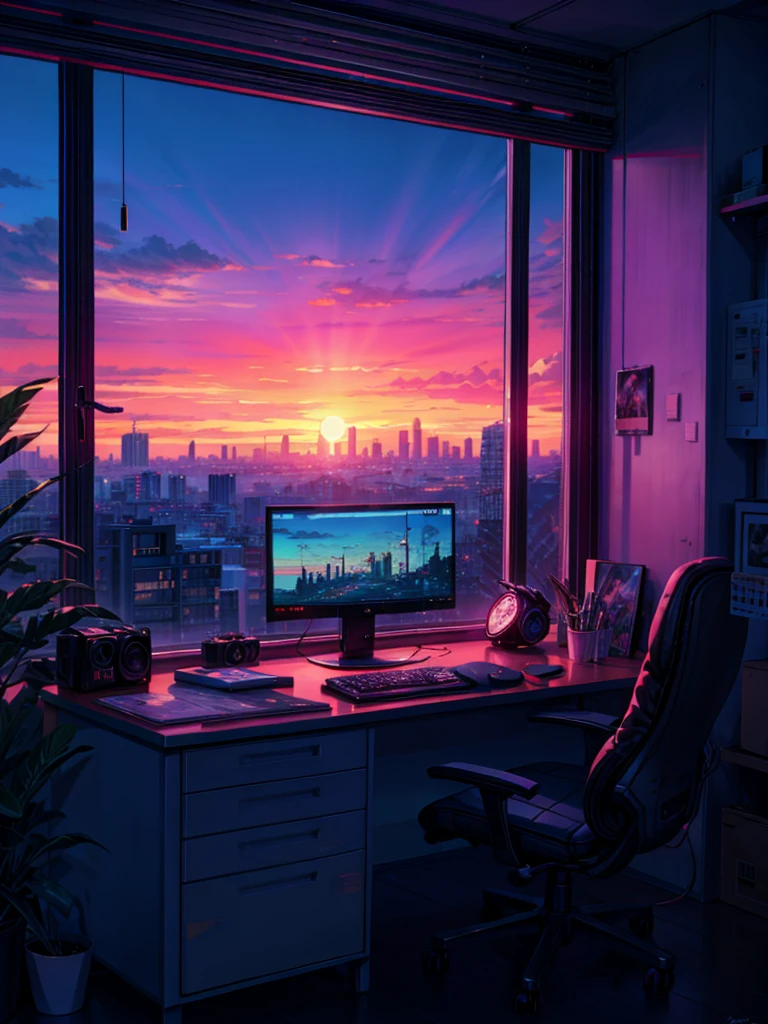 a painting of a computer sitting on top of a desk in front of a window, synthwave sunset, computer aesthetic, sunset background, personal room background, vaporwave sunset, synthwave image, alena aenami and artgerm, office background, moody sunset background, sunset illustration, dream atmosphere, desktopography, city sunset night, desktop, 4k professional painting, game, detailed key anime art, illustation, a beautiful artwork illustration, beautiful digital painting, highly detailed digital painting, beautiful digital artwork, detailed painting 4 k, very detailed digital painting, rich picturesque colors, gorgeous digital painting