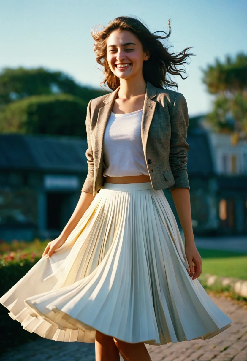 A smiling, authentic, (shy:1,3), kind, beautiful woman, is passionately in love with her skirt, wind wildly flowing her skirt, wearing short blazer and (long (fully pleated) full circle skirt) and (low heeled court shoes), very, very intricate hyper-detailed symmetric (attractive graceful young feminine face) with (sad, tired eyes and a loving smile), very voluptuous breasts, full of empathy and compassion and love, (pronounced (feminine) features), (highly detailed ultra accurate realistic) hands and fingers, (windy), epic composition, highly detailed attributes, (35mm f1.4 Kodak portra 400 photograph), extremely high quality RAW photograph, highly detailed atmosphere, sci-fi, cinematic shot, dynamic lighting, 75mm, Technicolor, Panavision, cinemascope, sharp focus, fine details, 8k, HDR, realism, realistic, key visual, film still, superb cinematic color grading, depth of field