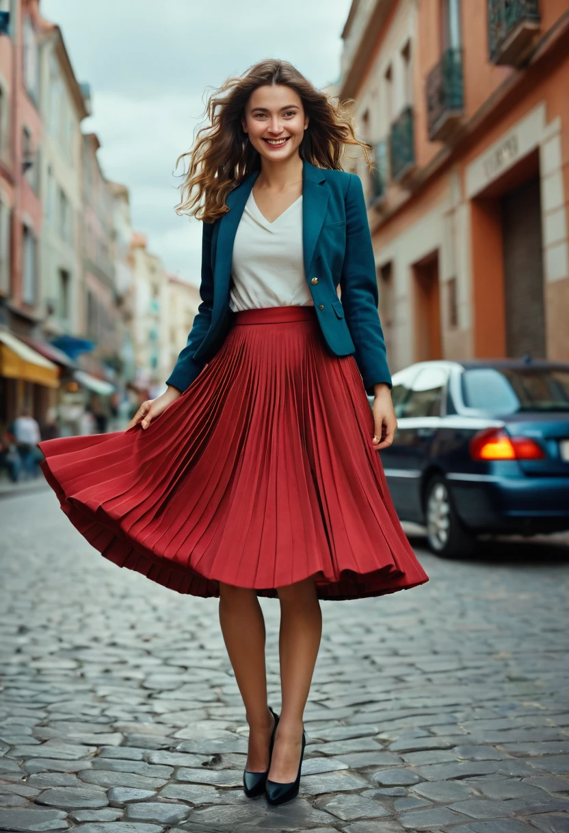 A smiling, authentic, (shy:1,3), kind, beautiful woman, is passionately in love with her skirt, wind wildly flowing her skirt, wearing short blazer and (long (fully pleated) full circle skirt) and (low heeled court shoes), very, very intricate hyper-detailed symmetric (attractive graceful young feminine face) with (sad, tired eyes and a loving smile), very voluptuous breasts, full of empathy and compassion and love, (pronounced (feminine) features), (highly detailed ultra accurate realistic) hands and fingers, (windy), epic composition, highly detailed attributes, (35mm f1.4 Kodak portra 400 photograph), extremely high quality RAW photograph, highly detailed atmosphere, sci-fi, cinematic shot, dynamic lighting, 75mm, Technicolor, Panavision, cinemascope, sharp focus, fine details, 8k, HDR, realism, realistic, key visual, film still, superb cinematic color grading, depth of field