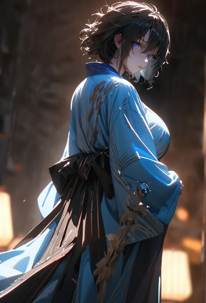 (solo), pitch black hair, messy hair, mane hair, short hair, dense hair, wild hair, expressive hai,(25 year old), pale skin, ((Female)), blue eyes, beautiful girl, wearing a white and blue kimono, beautiful, attractive, huge breast, big ass, Yin, eye reflection, depth of field, thunder aura, cinematic lighting, ray tracing, depth of field, cinematic lighting, ray tracing, UHD, high details, best quality, highres, high quality, award winning, super detail, masterpiece, 8k, UHD, high details, best quality, highres, high quality, award winning, super detail, masterpiece, 8k, digital art, anime coloring, body shot, full body, back shot, good face, perfect face, detailed face, good eyes. The background is space. A blackhole in the background.