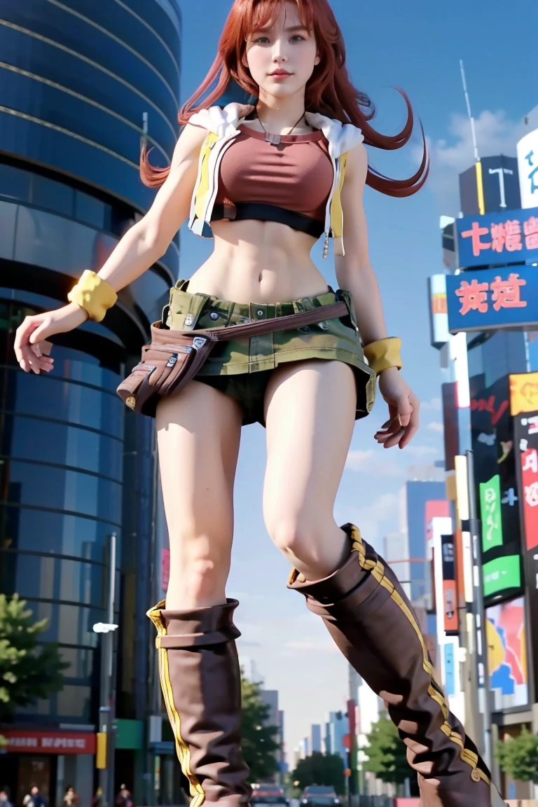 redhaired girl as a superheroine, straight redhaired, bangs, skirt,  super powerful, pink eyes, midriff, riding boots, white socks, toned arms, toned abs, tall and sexy, powerful, superb face, perfect body, tall, happy, smug, large chest, choker collar, 20yo, toned abs, evil smirk, 20yo, gts, giantess, stompinh
