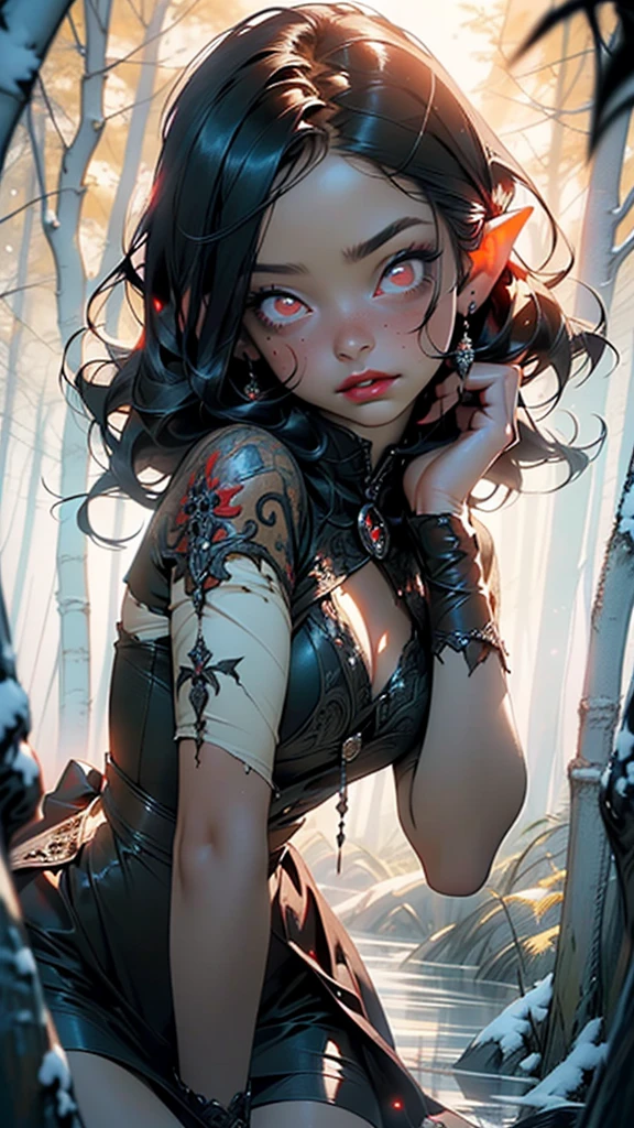 evil loli elf,(((little ,tiny little body,little))),(((6 years old))),((anime elf with extremely beautiful black hair)),(((elf))),(((elf ears))),
(((flat chest))),((((black hair:1.35,short black hair,colored inner hair,ear breathing)))),(((red_eyes:1.3))),intricate eyes,beautiful detailed eyes,symmetrical eyes,big eyes:1.5,(detailed body,(detailed face)),Vampires,((Red glowing eyes)),evil look,Clear facial features,Vampire fangs exposed,(((bloody,bloody eyes,fantasy and horror art,blood on the face,horribly beautiful eyes,blood red lips,))),
cute,slutty,erotic,daring,((nsfw)),
zettai ryouiki,revealing clothing,show skin,(((Dressed in a gorgeous Gothic dress,rosette,Skull decoration,the bats,The body is surrounded by a red mist,rays of moonlight))),(black gloves),((Torn and dirty clothes, disturbingly pale skin, creepy atmosphere)),(((intricate outfit,intricate clothes,embroidered outfit,ornate outfit,embroidered clothes,ornate clothes))),
(dynamic pose:1.0),crazy,horror,(centered,scale to fit dimensions,Rule of thirds),
((Premonitory feeling of danger, horror movie vibrations, Nightmare horror)),
((snowy pine forest at night, dark forest, swamp, murky water, foggy, creepy aura, eerie atmosphere)),with dark stormy clouds,winter,scenery:1.25,intricate scenery,((snow forest background)),
(Glossy winter ornaments),highres,sharp focus,(ultra detailed,extremely detailed),(photorealistic artwork:1.37),(extremely detailed CG unity 8k wallpaper),(((vibrant colors,vibrant theme))),(intricate),(masterpiece),(best quality),artistic photography,(photography taken by sldr),(intricate background),perfect rendered face,perfect face details,realistic face,photo realistic,((intricate detail)),(((realism))),
