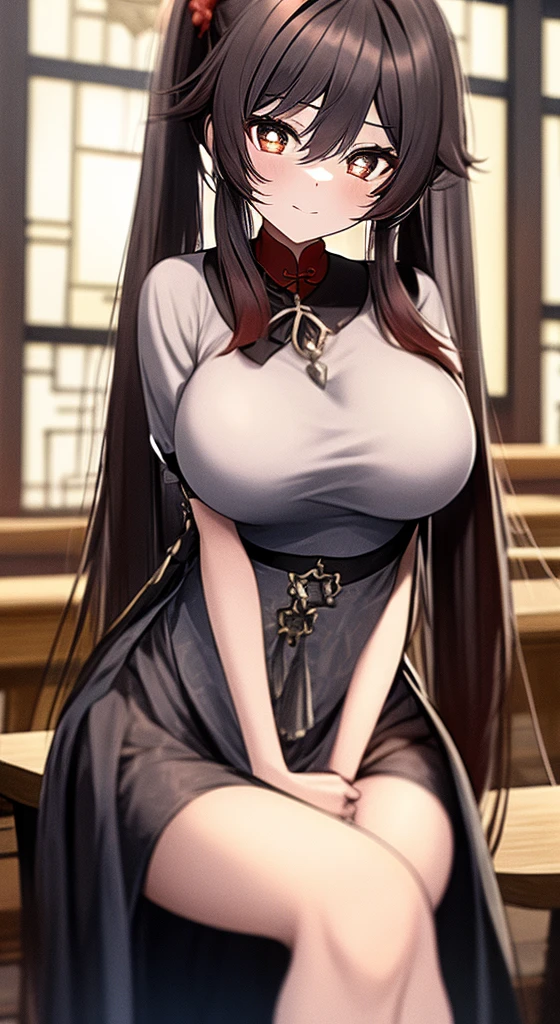 A black-haired girl with twin ponytails sitting on a chair in a restaurant，Cross your hands on your arms in front of your chest, Her name is Walnut，From Genshin Impact, Has a cute face and expression, Medium sized breasts, And moderate black Chinese dress. Highest quality images, High-definition quality