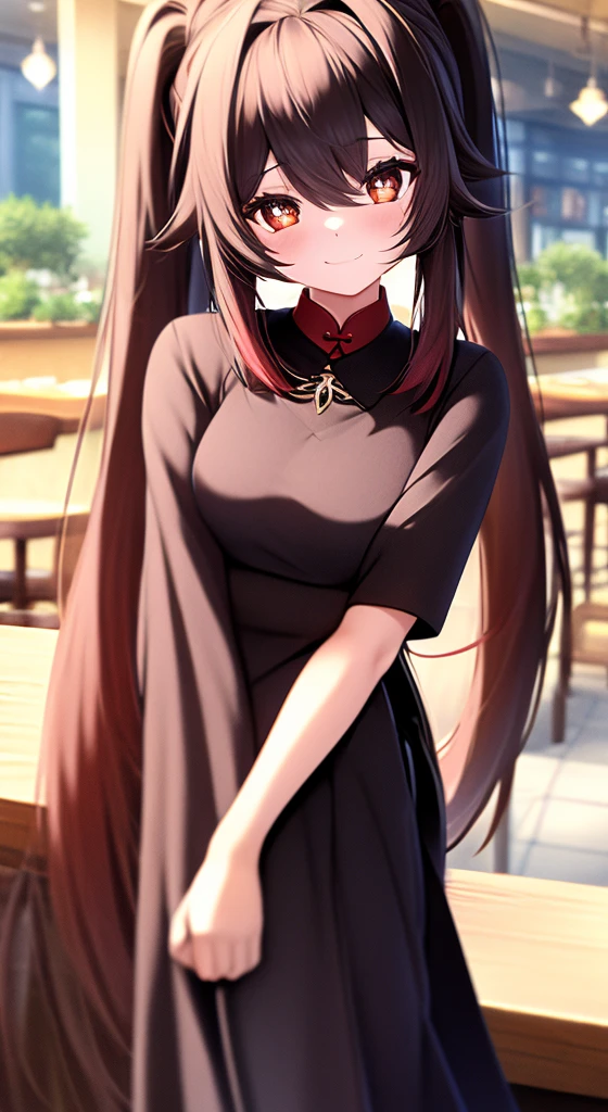 A black-haired girl with twin ponytails sitting on a chair in a restaurant，Cross your hands on your arms in front of your chest, Her name is Walnut，From Genshin Impact, Has a cute face and expression, Medium sized breasts, And moderate black Chinese dress. Highest quality images, High-definition quality