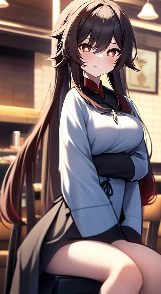 A black-haired girl with twin ponytails sitting on a chair in a restaurant，Cross your hands on your arms in front of your chest, Her name is Walnut，From Genshin Impact, Has a cute face and expression, Medium sized breasts, And moderate black Chinese dress. Highest quality images, High-definition quality