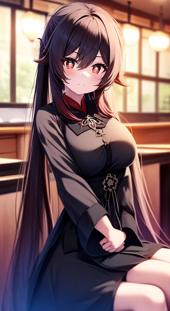 A black-haired girl with twin ponytails sitting on a chair in a restaurant，Cross your hands on your arms in front of your chest, Her name is Walnut，From Genshin Impact, Has a cute face and expression, Medium sized breasts, And moderate black Chinese dress. Highest quality images, High-definition quality