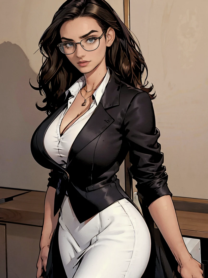 Gorgeous and sultry busty athletic (thin) brunette with sharp facial features and a (large nose) and (huge boobs) wearing a black blazer, white blouse and black pencil skirt, glasses