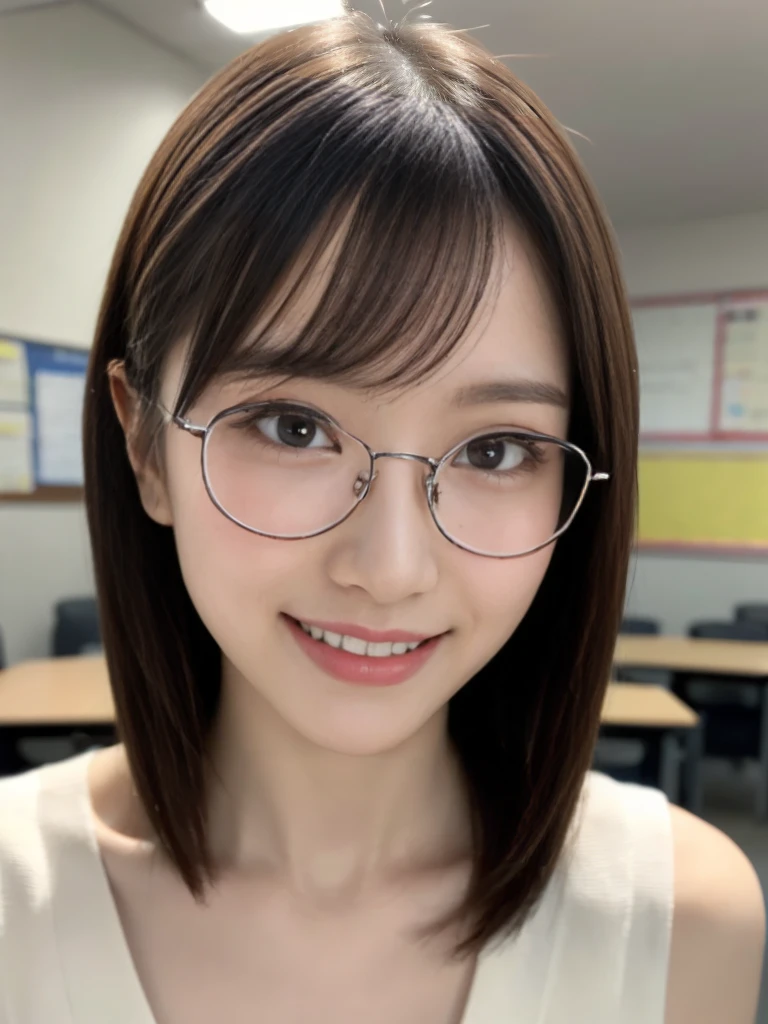 8K quality,Japanese Idol,Face lighting,最high quality, ((((Medium Hair,Very smiling,,Beautiful body lines,Upper body close-up,classroom))),非常にBeautiful detailsな顔, (Slender body:1.4), (Detailed face:1.2), Conceptual Art, high quality, Realistic, Very detailed CG 統合 8k 壁紙, Very detailed, High resolution raw color photos, Professional photography, Cinematic Light, Beautiful details, Super detailed, Advanced Details, Depth of written boundary, Super stylish lighting, (Beautiful small chest:1.2), Smooth and flawless skin, Expressive and captivating eyes, Well-defined facial features, A perfectly balanced face, Fine Details and Realistic Textures,Blurred Background、Round Glasses