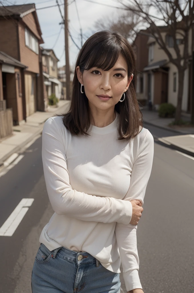 ((Highest quality)), ((8k)), ((masterpiece:1.3)), (Perfect look), (Photorealism:1.6), (TI, JMA), (Walking woman), (Japanese MILF Shoots a Gun), (Japanese houses line both sides of the road), Blurred Background, ((Realistic skin texture)), (Fine wrinkles appear all over the skin), (Dull skin), (Unmoisturized skin) , (Facial wrinkles), (Wrinkles around the eyes), double eyelid, Lower eyelid tear trough, Serious look, Shooting Gaze, (Dimples), Red lips, (Short bangs), short hair, Long hair with curled ends, (Hair over the ears), A tense look, Soft fabric blouse, Wide sleeves, Slim jeans, High heels, Hair blowing in the wind, Small breasts, (Stretch out your arms in front of you and hold your gun), (whole body),