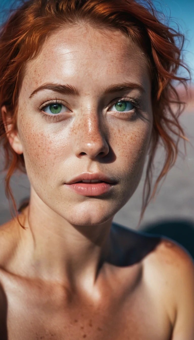 Full body shot of  Eve Sullivan: An Irish-American marine biologist with freckled fair skin and fiery red locks. Her seafoam green eyes mirror the ocean she loves. exhibitionist , lora:add-detail-xl:1, (full body :2) (naked) NSFW, Street Level, Behind-the-Scenes POV, She loves sending nudes to her followers on OnlyFans, Laguna Colorada, Bolivia woman, super Panavision 70 color film stock, beautiful cinematography, low contrast, balanced colors, 3 point studio lighting, high resolution, rich color palette, smooth tonality, film grain, soft focus and bokeh, dynamic range, stunning background. dark and moody, a mesmerizing blend of light and shadow. masterpiece, absurdres, intricate details, analog film photo cinematic film still , shallow depth of field, vignette, highly detailed, high budget Hollywood film, bokeh, cinemascope, moody, epic, gorgeous, film grain, faded film, desaturated, 35mm photo, grainy, vignette, vintage, Kodachrome, Lomography, stained, highly detailed, found footage, realist detail, ue5, detailed character expressions, amazing quality, wallpaper, analog film grain,,