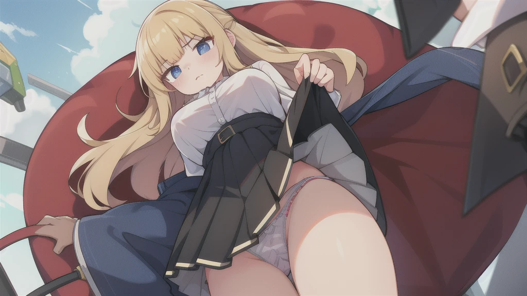 1 woman, skirts, (show off g-string detailed pantie), (hands skirt lift), from front, cowboy shot, BREAK annoyed,shoot from below,Blonde,long hair,denim skirt