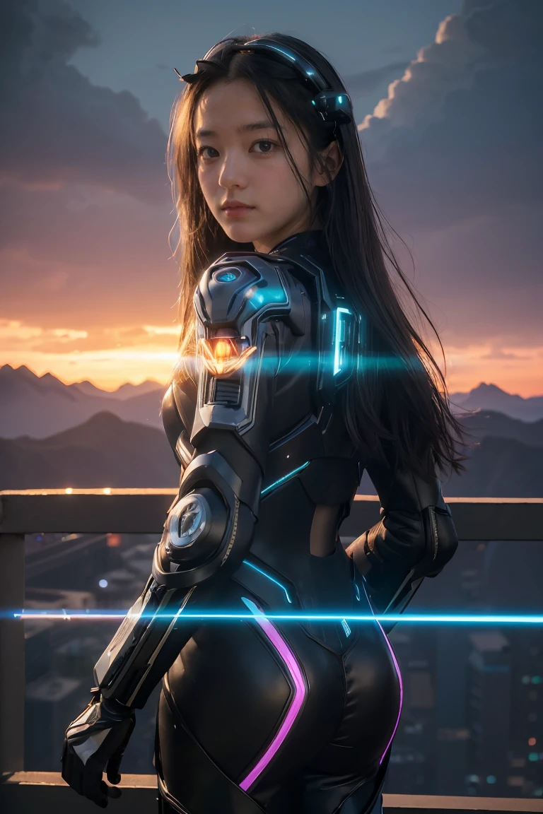 ((masterpiece, best quality, extremely detailed), volumetric lighting, ambient occlusion, colorful, glowing), 
1girl, solo, young girl, (dark hair), long hair, halo, aura, sacred, godness, cyber suit, (black outfit:1.3), android, bot, cybernetic wings,
outdoors, sunset, sky, clouds, space, (cyberpunk theme:1.2),