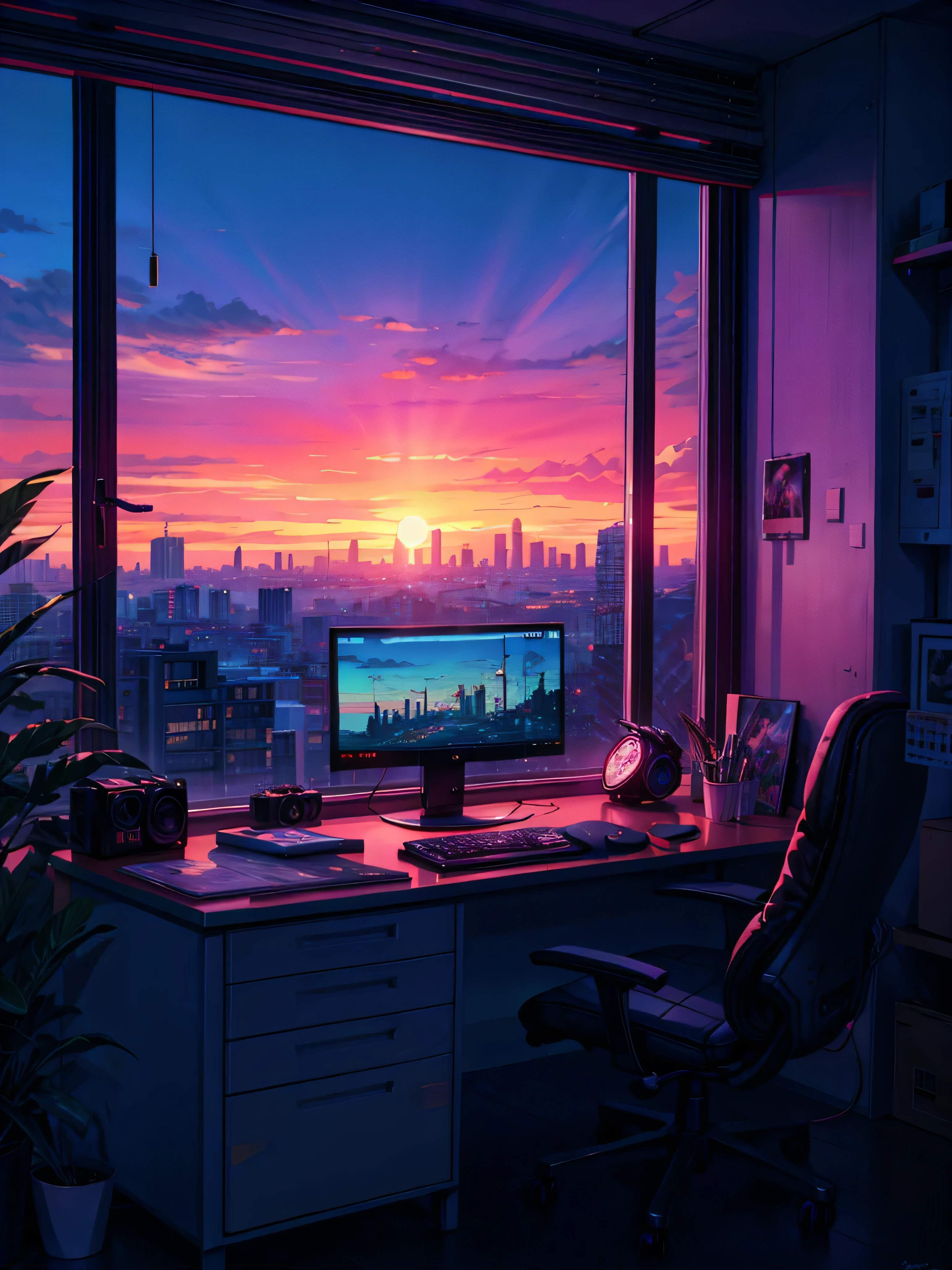 a painting of a computer sitting on top of a desk in front of a window, synthwave sunset, computer aesthetic, sunset background, personal room background, vaporwave sunset, synthwave image, alena aenami and artgerm, office background, moody sunset background, sunset illustration, dream atmosphere, desktopography, city sunset night, desktop, 4k professional painting, game, detailed key anime art, illustation, a beautiful artwork illustration, beautiful digital painting, highly detailed digital painting, beautiful digital artwork, detailed painting 4 k, very detailed digital painting, rich picturesque colors, gorgeous digital painting