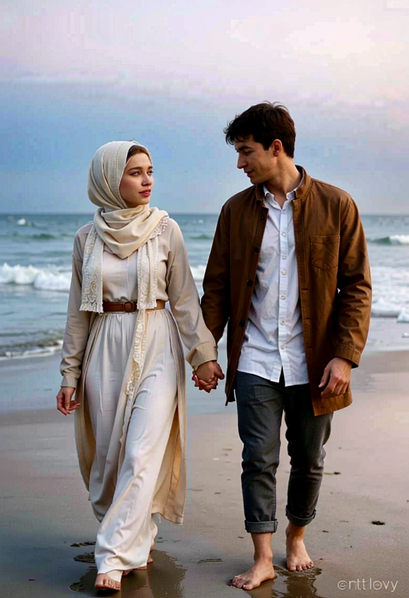 a man and woman walking on the beach holding hands, lovely couple, romantic couple, man and woman walking together, attractive girl, couple walking hand in hand, happy couple, couple, muslim, dressed with long fluent clothes, white hijab, couple pose, looking at each other mindlessly, casual modern clothing, in romantic style, intertwined full body view