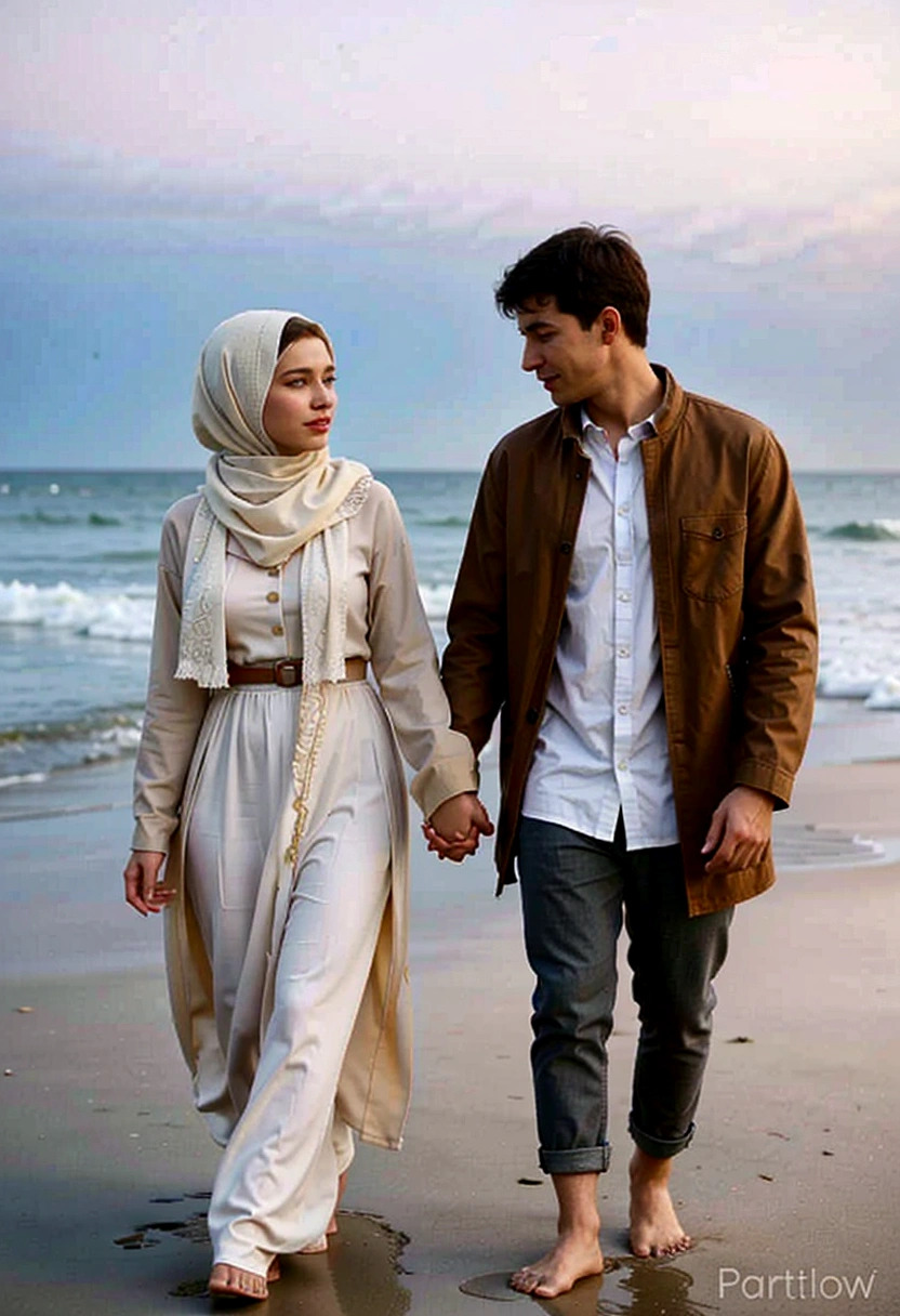 a man and woman walking on the beach holding hands, lovely couple, romantic couple, man and woman walking together, attractive girl, couple walking hand in hand, happy couple, couple, muslim, dressed with long fluent clothes, white hijab, couple pose, looking at each other mindlessly, casual modern clothing, in romantic style, intertwined full body view