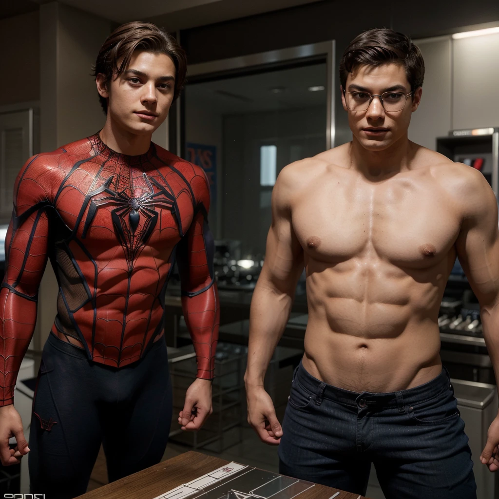 Showing everything body in straight feeling looking forward to a 26-year-old teenager boy with a human face similar to Peter Parker from the movie Spiderman and the Spider Multiverse doing with the body also of the miles Morales from the movie Spiderman and bulk body shape muscular in the straight position