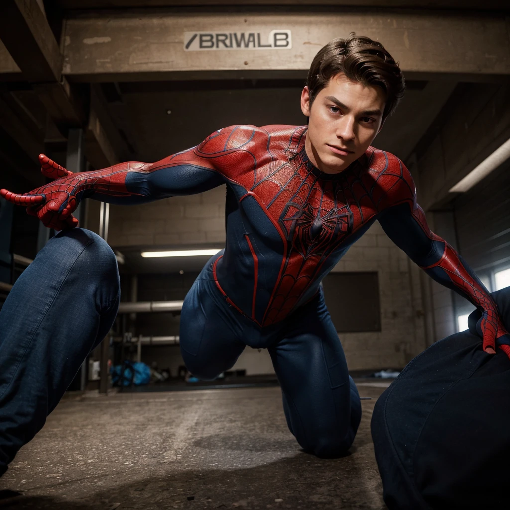 Showing everything body in straight feeling looking forward to a 26-year-old ager boy with a human face similar to Peter Parker from the movie Spiderman and the Spider Multiverse doing with the body also of the miles Morales from the movie Spiderman and bulk body shape muscular in the straight position