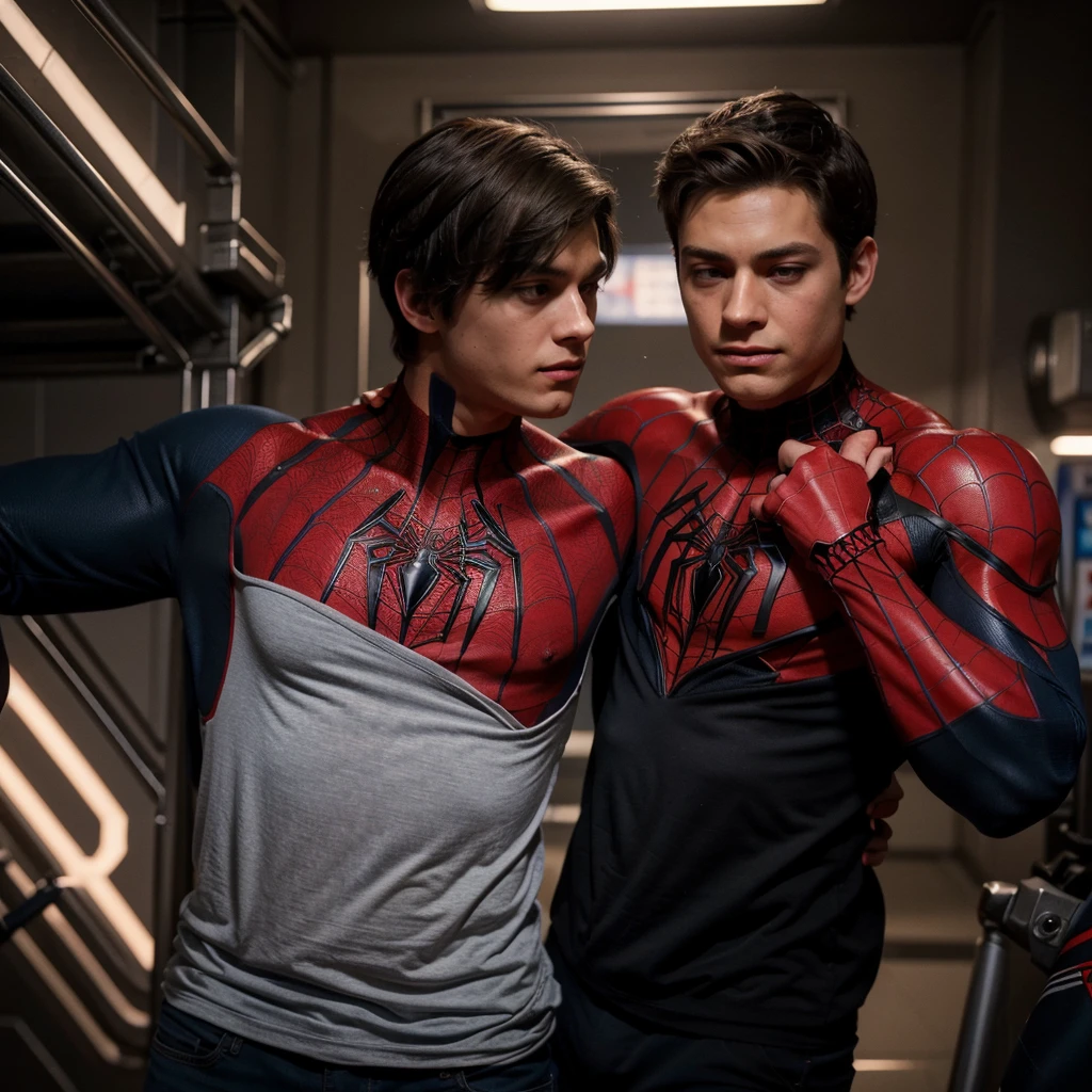 Showing everything body in straight feeling looking forward to a 26-year-old ager boy with a human face similar to Peter Parker from the movie Spiderman and the Spider Multiverse doing with the body also of the miles Morales from the movie Spiderman and bulk body shape muscular in the straight position