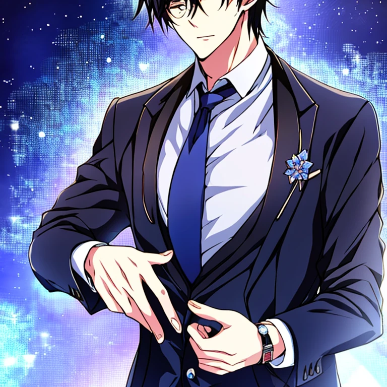 Anime character wearing a suit and tie as a watch, inspired by Masanobu Okumura, in his suit, in a strict suit, anime handsome guy, Handsome Anime Pose, he is wearing a suit, Dark suit, in a strict suit, Wearing a strict business suit, Dressed in a suit, inspired by Okumura Togyu
