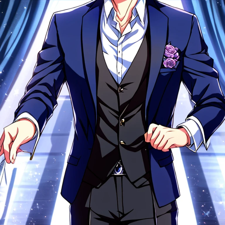 Anime character wearing a suit and tie as a watch, inspired by Masanobu Okumura, in his suit, in a strict suit, anime handsome guy, Handsome Anime Pose, he is wearing a suit, Dark suit, in a strict suit, Wearing a strict business suit, Dressed in a suit, inspired by Okumura Togyu