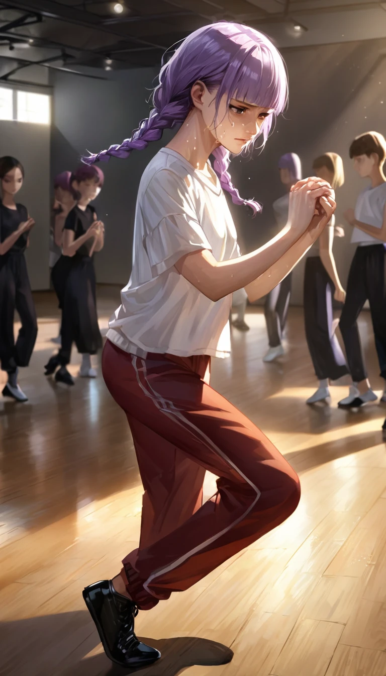 (cute a girl:1.5), (one girl with pale purple hair,wavy two braids,blunt bangs hair,green and black eyes,
A girl in a short-sleeved white T-shirt and tracksuit pants, dancing shoes, taking a dance lesson in a dance studio,:1.4),(masterpiece:1.3), anime visual, (Lovey-dovey:1.5), (tilt head:1.3), extremely delicate face, soft clean focus, realistic lighting and shading, (an extremely delicate and beautiful art:1.3), He wipes the sweat off his hands as he continues the lesson, his expression looking painful.