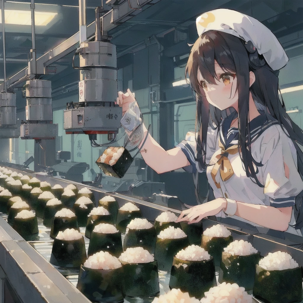 anime girl At the factory with rice and sushi rolls, Kantai Collection Style, praise girl, praise art, At the factory, Casciato, praise, Beautiful and detailed anime art, From the Azur Lane video game, Anime Food, Cute girl anime visuals, praise technology, Pixiv, Gwaiz, Rorish, Zerochan Art