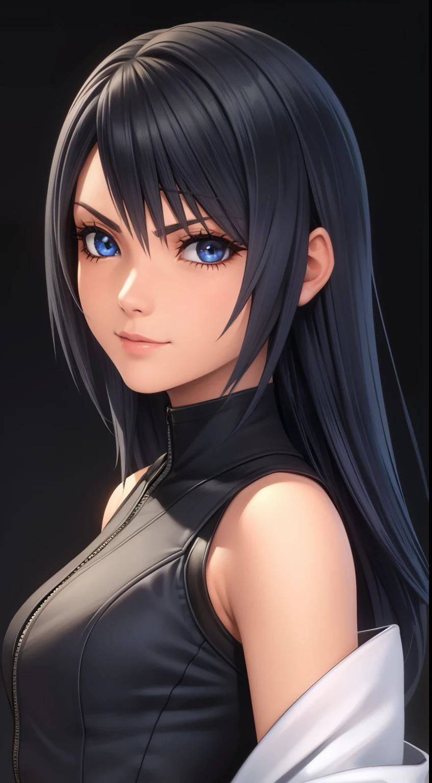 (high-quality, breathtaking),(expressive eyes, perfect face) Symmetrical Eyes, portrait, nomura tetsuya, nomura tetsuya art style, Kingdom Hearts, 1girl, female, black hair color, dark blue eye colors, hair between eyes, long hair length, neutral expression, feminine face, black long sleeved jacket, open jacket, white shirt, black pants, facing towards viewer, black background, official art, starry night, kingdom hearts outfit, soft cute smile
