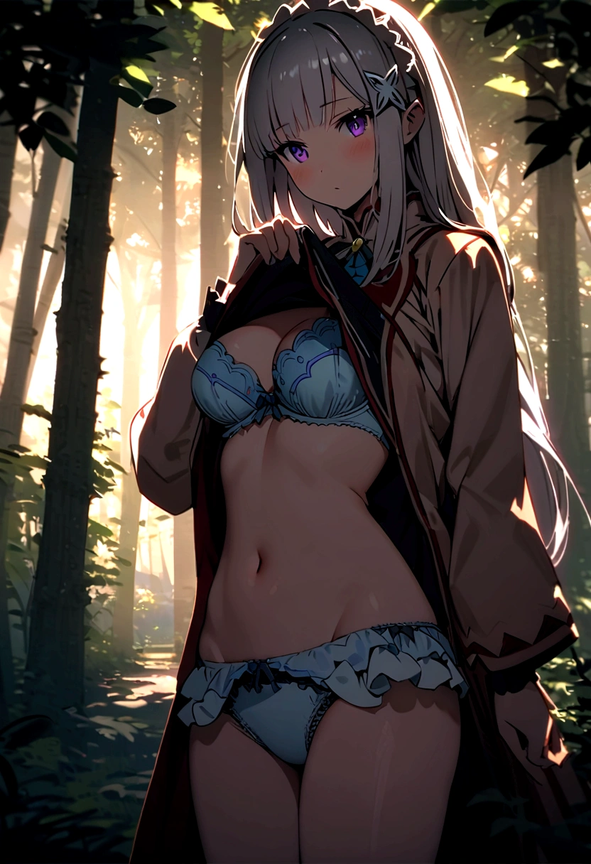 Starting Life in Another World from Zero,Emilia,Medium breast,in the forest, Emilia風の服(((clothes lift)))(((show off bra))) (((frilled panties)))