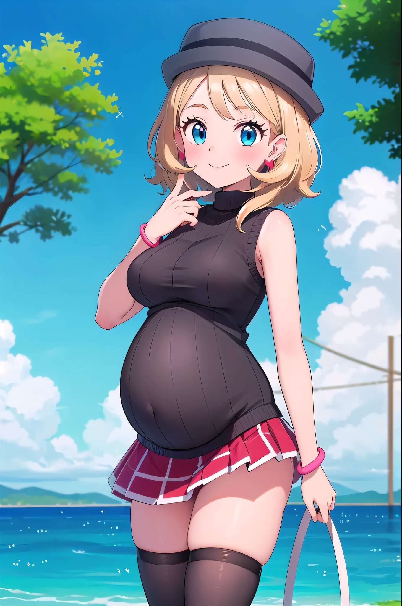 gonzarez, masterpiece, Serenaj, 1girl, grey headwear, solo, jewelry, thighhighs, sleeveless turtleneck, turtleneck, skirt, smile, sweater vest, blonde hair, earrings, hat, blue eyes, sleeveless, closed mouth, eyelashes, vest, blush, bangs, breasts, medium hair, bracelet, looking at viewer, outdoors, black thighhighs, brown thighhighs, sky, day, sparkle, shiny, cloud, pleated skirt, red skirt, water, cowboy shot, hyper-pregnant
