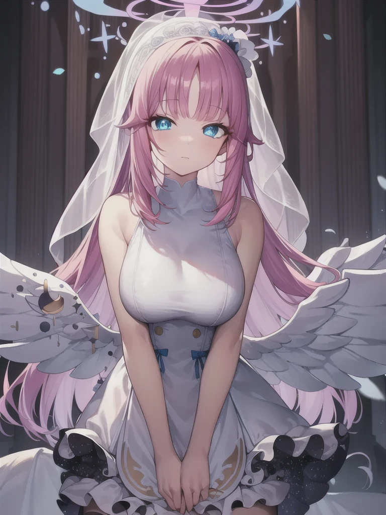 A girl，long hair, Bangs, Pink hair, Hair between the eyes, (Blue Eyes:1.5),  (Large Breasts:1.2), 
rest  锁骨, Wedding dress，veil，wedding，White dress，Flowers，Broken skirt，White socks，Tights，White knee socks，
looking at viewer, whole body,
indoors, church，Standing，Standing，
rest (masterpiece:1.2), best quality, high resolution, Unity 8k Wallpaper, (illustration:0.8), (Beautiful and delicate eyes:1.6), Extremely detailed face, Perfect lighting, Extremely detailed CG, (Perfect hands, Perfect anatomical structure),