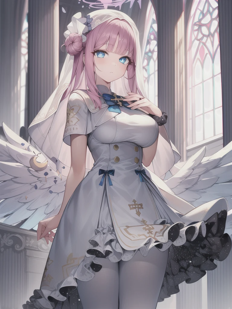 A girl，long hair, Bangs, Pink hair, Hair between the eyes, (Blue Eyes:1.5),  (Large Breasts:1.2), 
rest  锁骨, Wedding dress，veil，wedding，White dress，Flowers，Broken skirt，White socks，Tights，White knee socks，
looking at viewer, whole body,
indoors, church，Standing，Standing，
rest (masterpiece:1.2), best quality, high resolution, Unity 8k Wallpaper, (illustration:0.8), (Beautiful and delicate eyes:1.6), Extremely detailed face, Perfect lighting, Extremely detailed CG, (Perfect hands, Perfect anatomical structure),