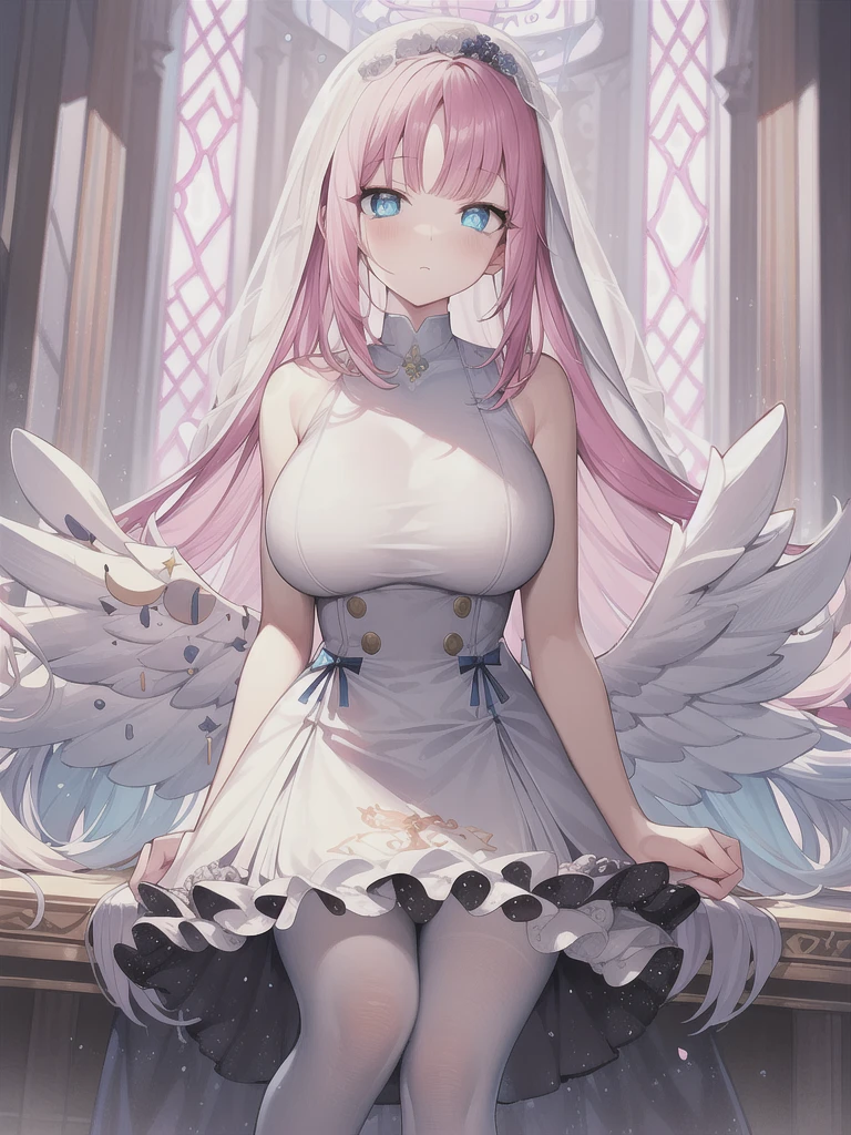 A girl，long hair, Bangs, Pink hair, Hair between the eyes, (Blue Eyes:1.5),  (Large Breasts:1.2), 
rest  锁骨, Wedding dress，veil，wedding，White dress，Flowers，Broken skirt，White socks，Tights，White knee socks，
looking at viewer, whole body,
indoors, church，Standing，Standing，
rest (masterpiece:1.2), best quality, high resolution, Unity 8k Wallpaper, (illustration:0.8), (Beautiful and delicate eyes:1.6), Extremely detailed face, Perfect lighting, Extremely detailed CG, (Perfect hands, Perfect anatomical structure),