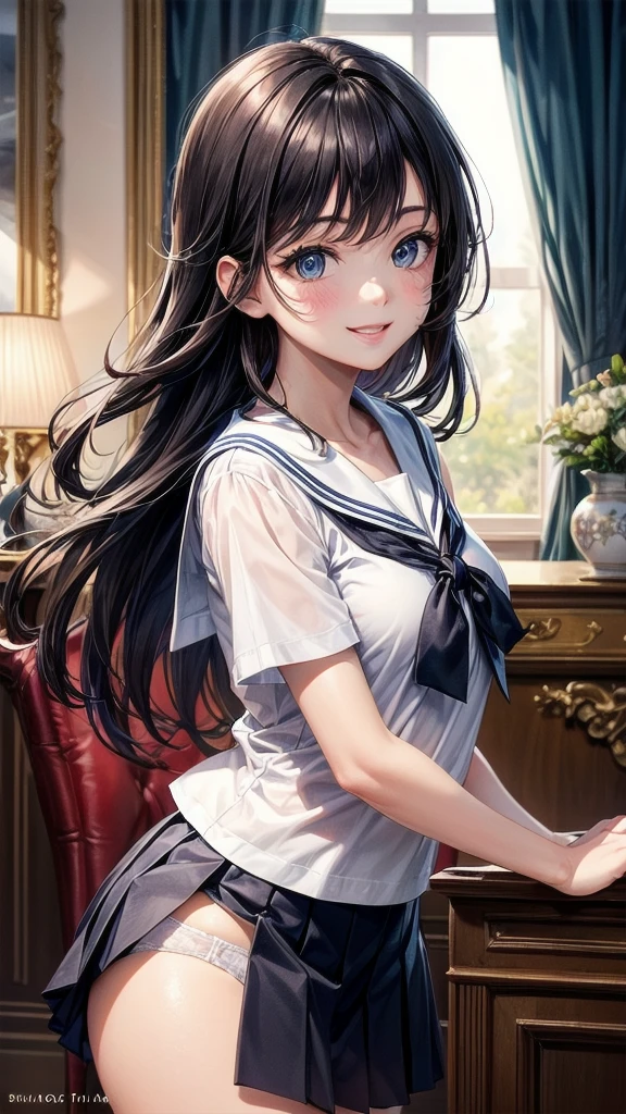 very cute and beautiful girl,(Very exquisite beautiful face and eyes:1.2),Sailor ,Navy blue pleated mini skirt, Skirt ,(White pantnamic Angle,(smile),blush,View your viewers,Black Hair, antique european living room,Luxury furniture, (Highest quality,masterpiece:1.2),Absurd,High resolution,Super detailed,Very detailed,32K,8K resolution, Intricate details,Movie Scenes,Detailed Background,alone,Dynamic Angle, Natural light,Hair blowing in the wind,