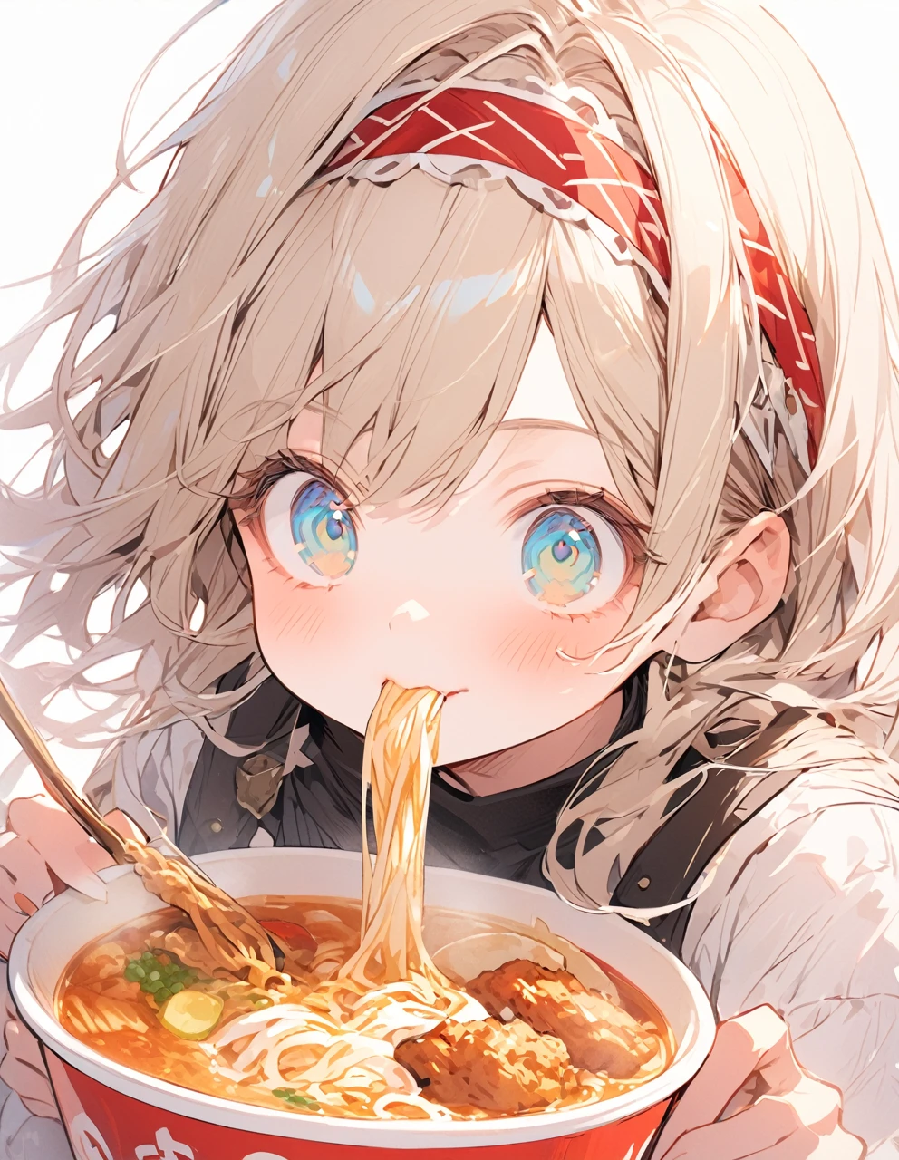 A with a headband slurping ramen. Fried chicken is delicious.