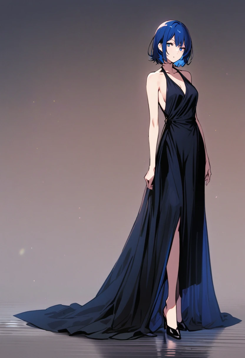 rei, (blue-hair), fullbody, full body,dress in Evening Dress,(Rei), silent,E7E48U
