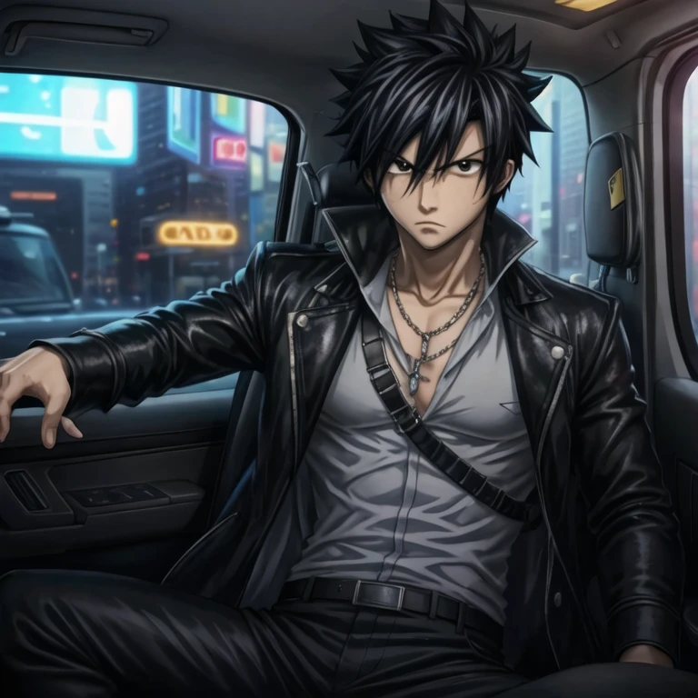 masterpiece, best quality, wallpaper, 1boy, solo, male focus, looking at viewer, , depth of field, anime coloring, , gray_fullbuster, black hair, black eyes, spiked hair, , , taxi driver costume, science fiction detective,