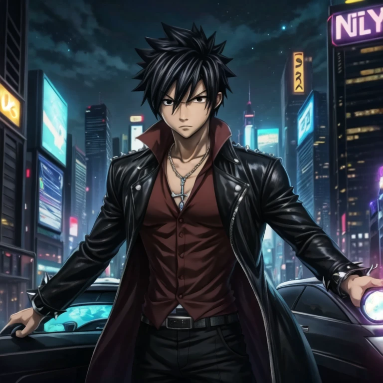 masterpiece, best quality, wallpaper, 1boy, solo, male focus, looking at viewer, , depth of field, anime coloring, , gray_fullbuster, black hair, black eyes, spiked hair, , , taxi driver costume, science fiction detective,