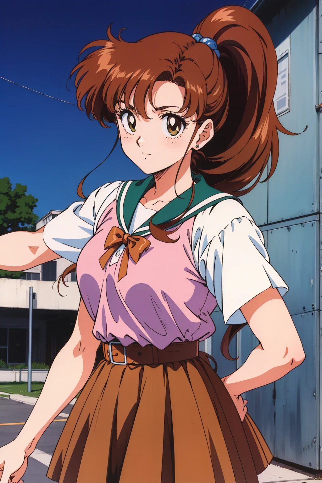 Highest quality, High resolution, 1990s \(style\), retro artstyle, 1990s anime cels style, brown , brown pleated skirt,  ponytail,In the schoolyard、