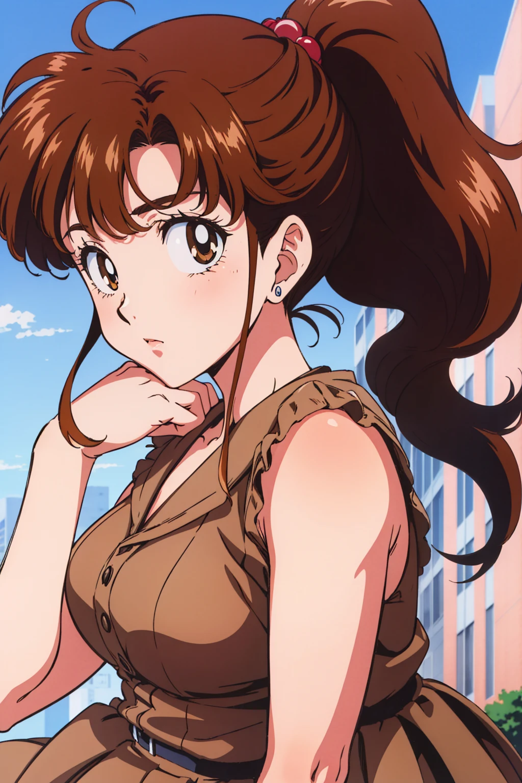 Highest quality, High resolution, 1990s \(style\), retro artstyle, 1990s anime cels style, brown , brown pleated skirt,  ponytail,In the schoolyard、