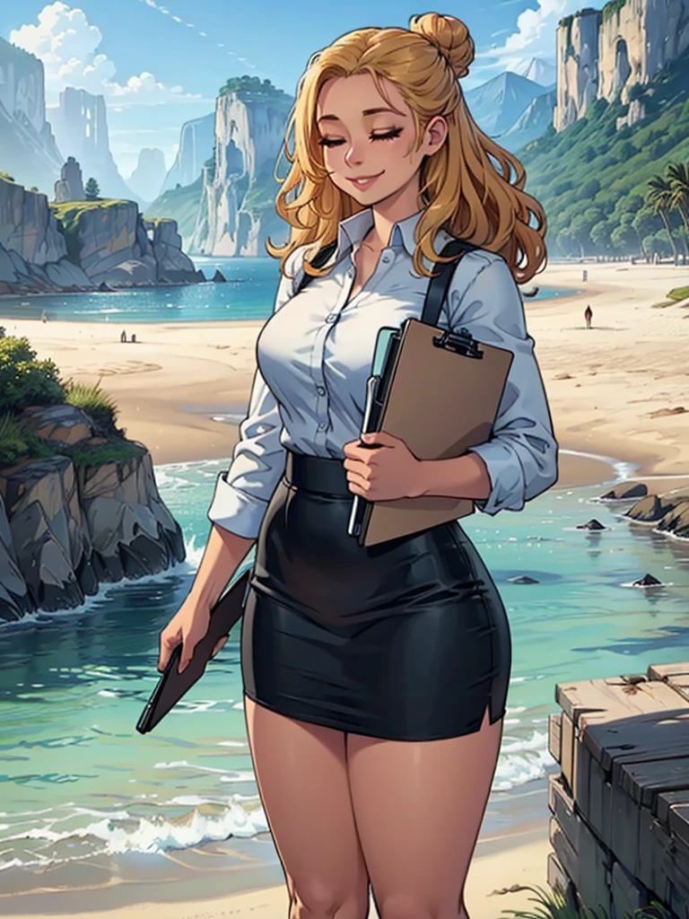 ((art by Kipteitei)), ((Masterpiece, best quality, perfect lighting, amazing shading)), (perfect anatomy, realistic proportions), field of depth, extremely beautiful, 1girl, (blond hair), long wavy hair, hair bun, closed eyes, pencil skirt, dress shirt, black tights, huge smile, ((holding a clipboard tight)), legs together, beach background with cliff and waterfall, detailed background, (cowboy shot),