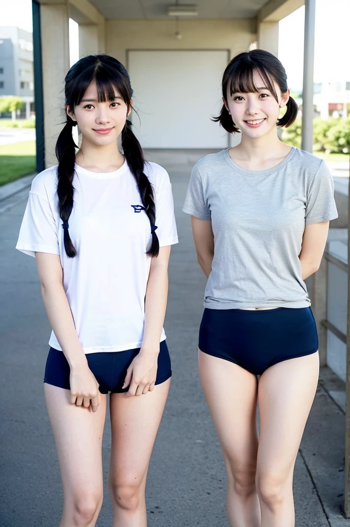 2 girls standing in Japanese city,white plain t-shirt with blue trim,navy blue speedo swimming briefs,school bag,18-year-old,bangs,a little smile,large bare thighs,knees,legs apart,short hair with low pigtails,from before,front light