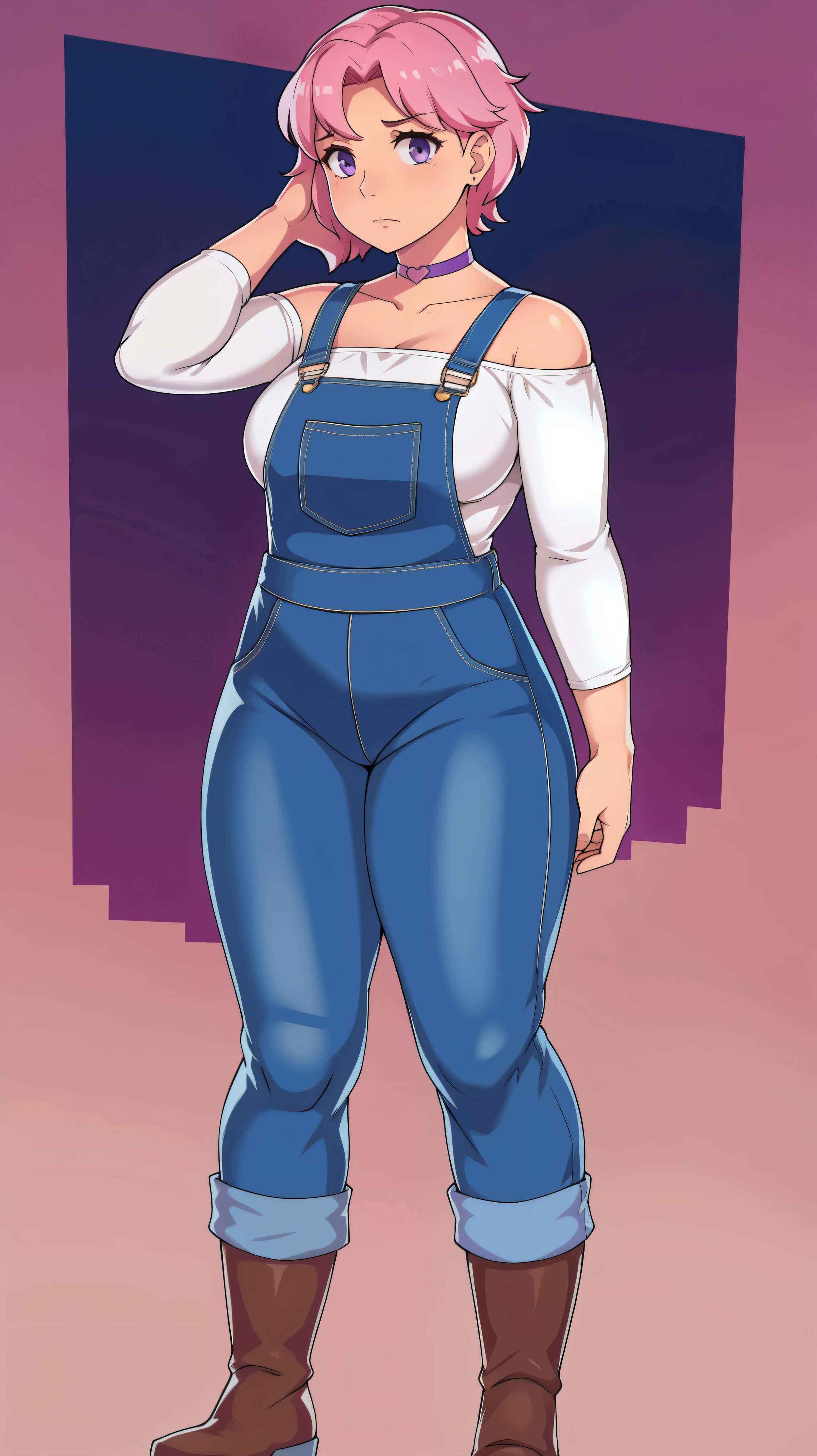 Nervous, sad, farm backround, Full body, looking at viewer, 1girl, solo, short pink hair, (dark blue choker), (dark blue denim overalls), (purple eyes), (pink boots), (white shoulder lantern sleeve blouse, tucked in pants