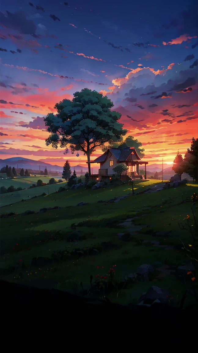 beautiful tree, a house , dynamic sky, beautiful hills, sunset .
