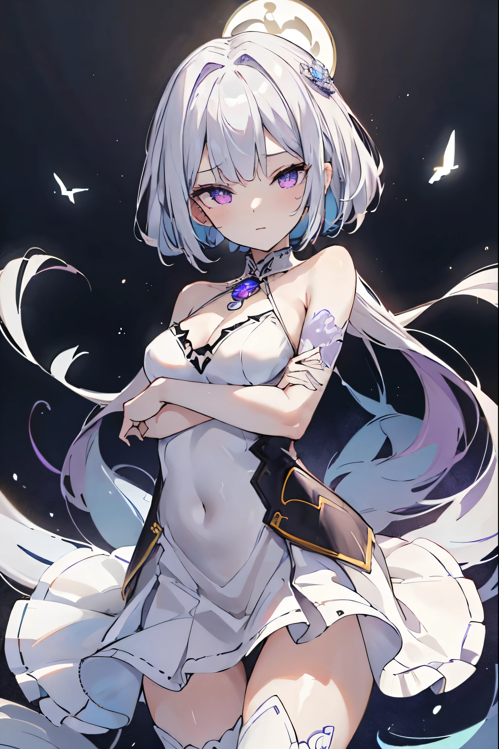 1girl, anime, cute girl, blank background, white background, fantasy, detailed fantasy dress with highlights, beautiful face, beautiful eyes, dark colors, black hair with multicolor streaks, red eye with different color pupil in eye, multicolor eye, medium , slight cleavagiful skin, cute, breast curtainsemely delicate and beautiful, (beautiful detailed face:1.0), (detailed deep eyes), symmetrical breasts, deep eyes, sin, portrait, slender waist, hips wider than shoulders, thighs, expressionless, young girl, luminous eyes, adorable,(Kpop idol),(aegyo sal:1),(Platinum blonde hair:1),((puffy eye)),Black panty,sexyture,Superskirt, Uhigh rlution,Black collar,slim figure, Abdominal y tattoo, womb tattoo,Tight-fitting leg ring,y tattoo on half-body,Bare skin, Armored hand,Hidden fingertips,Hand covered,Arm covered,Fist covered,{{beautiful detailed fingers}}, tufts of hair, moderate beautiful breast:1.0,(masterpiece:1.2), best qualigh-res, HDR, perfect face, intricate armor, delicate blue filigree, intricate filigree, red metalic parts, detailed part, dynamic pose, dynamic lights, cute face, neutral expression, shuimobysim, lotus, hanfu, maxi skirt, dress conservatively 1girl, solo, long blue hair, standing, One lady,14years,((White hair) ,(Shiny purple bodysuit h microskirt),((Fantasy, Moon Night)), gradient_eyes,
