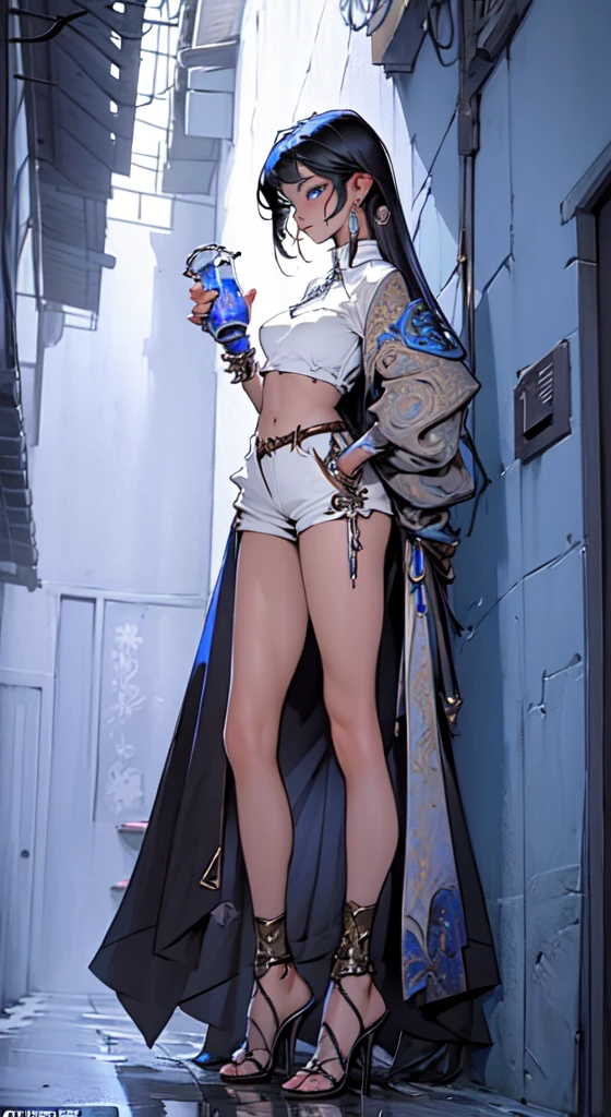 1girl,girl in Fantasy world in taverna drinks beer, blue lion eyes, black hair, white skin, small breasts ,slim waist and fit booty, she is a witch