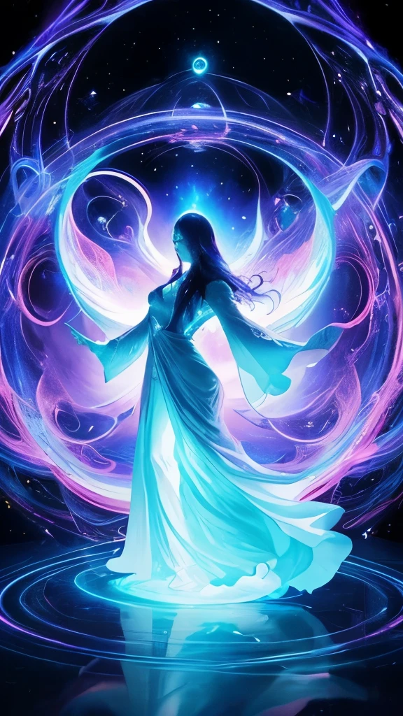 a woman in a long dress is standing in a swirling vortex, astral ethereal, flowing magical robe, channeling swirling energy, astral appearance, wearing flowing robes, portal to the ethereal realm, ethereal and otherworldly, strange ethereal being, flowing robes, swirling magical energy, an interdimensional being, beautiful celestial mage, ethereal angelic being of light